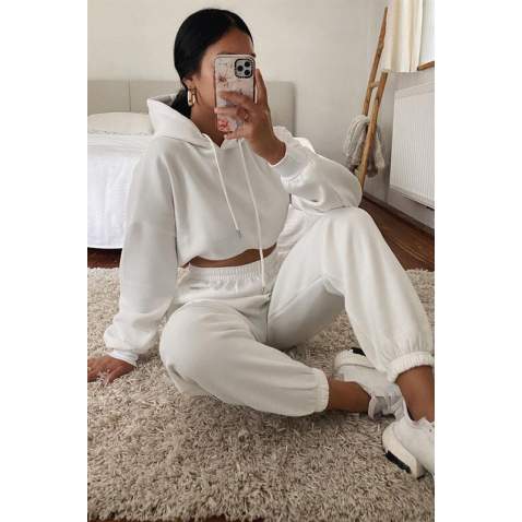 Mad Girls White Hooded Women Tracksuit Set MG467 - Beyaz