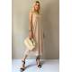 Beige V Neck Chain Strap Long Dress MG1542 - Bej