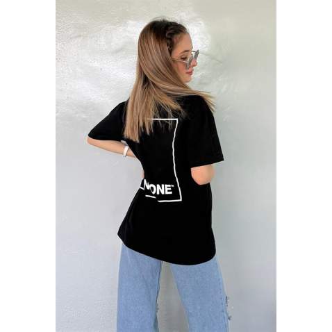 Women Printed Black Over Fit T-Shirt MG1492 - Siyah