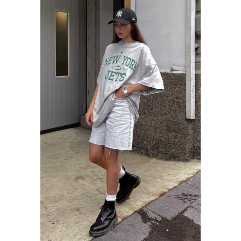 Women Printed Oversize Gray T-Shirt MG1226 - Gri