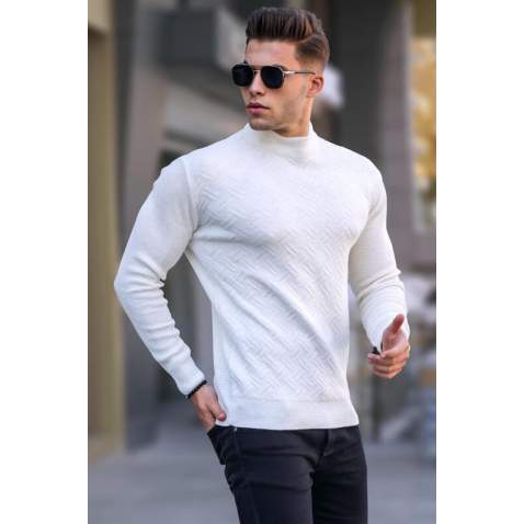 White Mock Turtleneck Knitwear Sweater 5969 - Kemik rengi