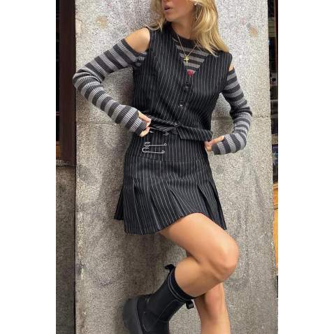 Women Striped Black Pleated Mini Skirt MG1451 - Siyah