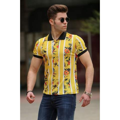 Madmext Yellow Printed Polo Shirt for Men 2884 - Sarı