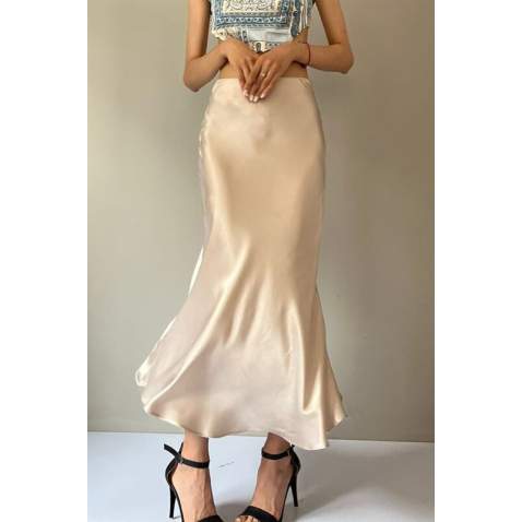 Light Beige Basic Satin Long Skirt MG1409 - Açık bej