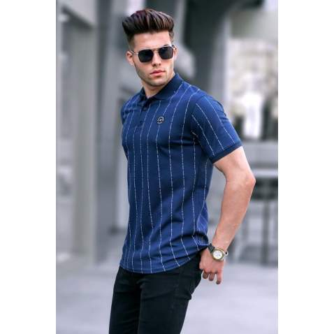 Men Striped Navy Blue Polo T-Shirt 5879 - Lacivert