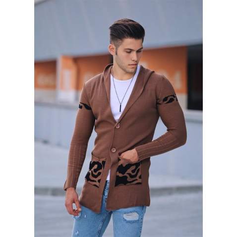 Madmext Men Patterned Brown Cardigan with Hoodie 2123 - Kahverengi