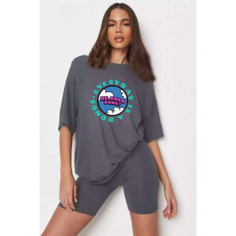 Women Printed Oversize Smoke Gray T-Shirt - Füme