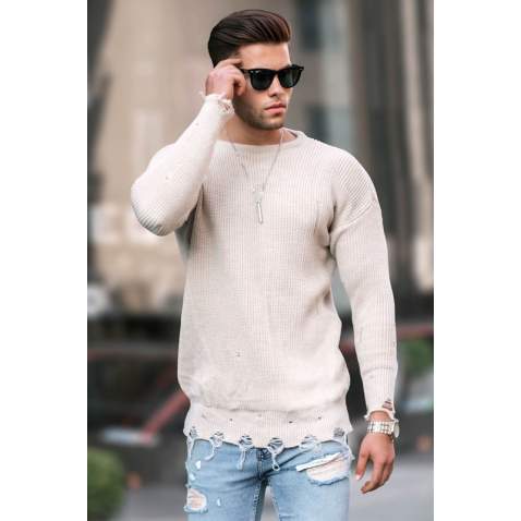 Stone White Ripped Design Knitwear Sweater 5998 - Taş rengi