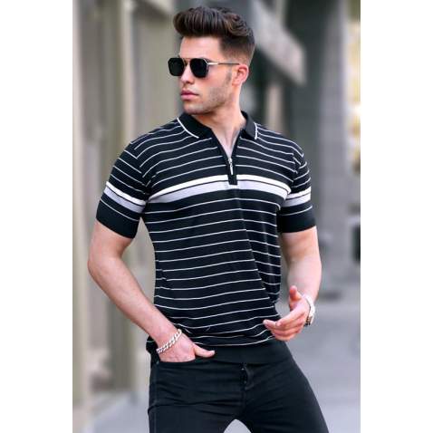 Men Striped Black Polo T-Shirt 5734 - Siyah