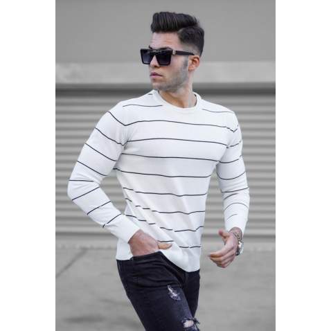 Madmext Men Striped White Knitted Sweater 5177 - Beyaz