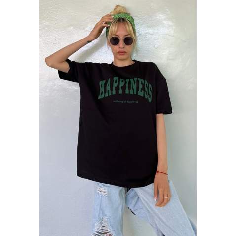 Women Printed Oversize Black T-Shirt MG1230 - Siyah