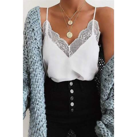 Mad Girls White Lace Detailed Strappy Blouse MG306 - Beyaz