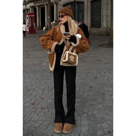 Mad Girls Camel Suede Leather Coat MG1329 - Kahverengi