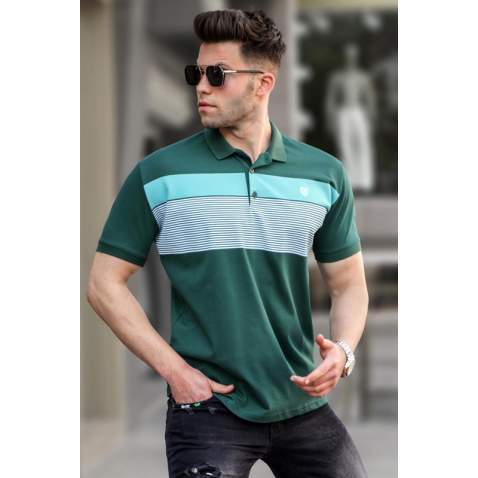 Men Striped Green Polo T-Shirt 5864 - Yeşil