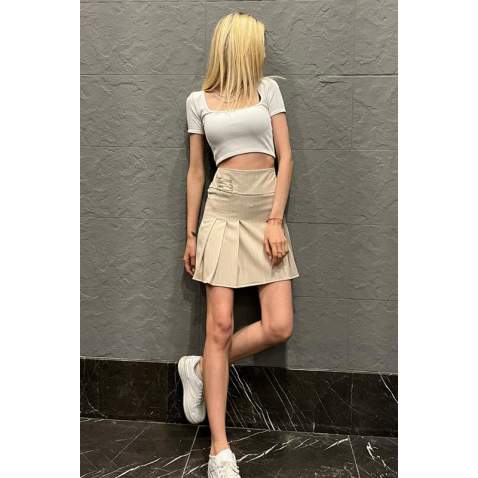 Women Striped Beige Pleated Mini Skirt MG1451 - Bej