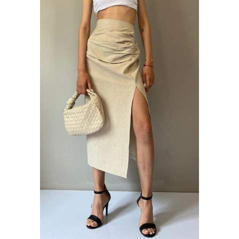 Beige Basic Linen Skirt MG1540 - Bej