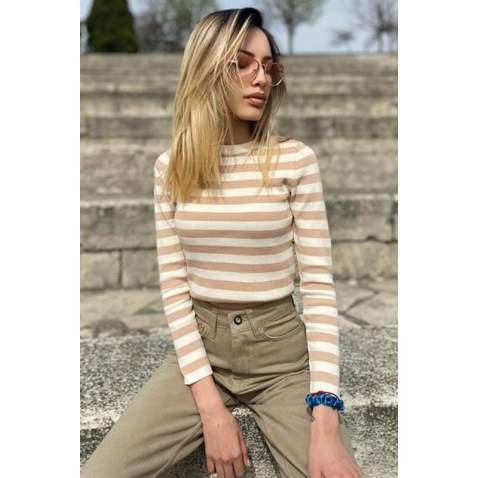 Women Crewneck Camel Striped Sweater - Camel