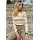 Women Crewneck Camel Striped Sweater - Camel