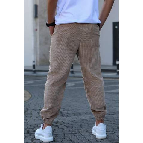 Men Beige Velvet Sweatpants 5466 - Bej