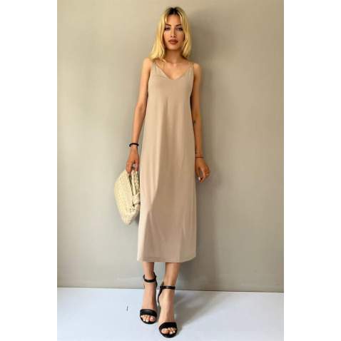 Beige V Neck Chain Strap Long Dress MG1542 - Bej