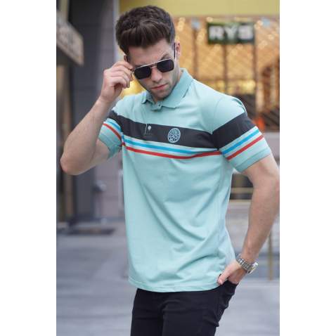 Striped Mint Green Polo T-Shirt 5877 - Mint yeşili