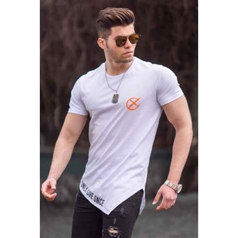 Madmext White Asymmetric T-shirt For Men 5665 - Beyaz