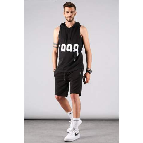 Black Sleeveless Hoodie Shorts Outfit 5795 - Siyah