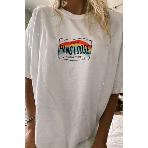 Women Printed Oversize White T-Shirt MG808 - Beyaz