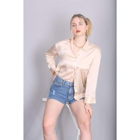 Mad Girls Beige Satin Shirt MG1104 - Bej