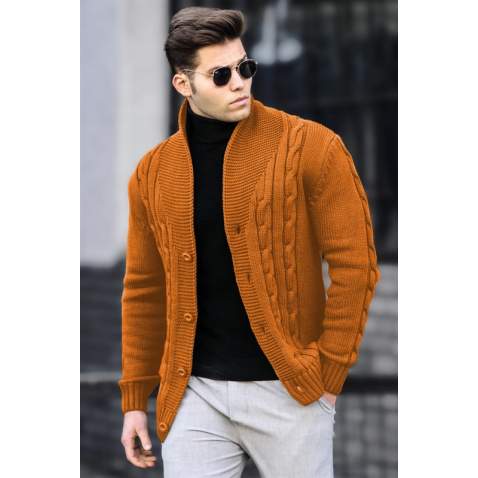 Madmext Men Knitted Mustard Cardigan 9053 - Hardal