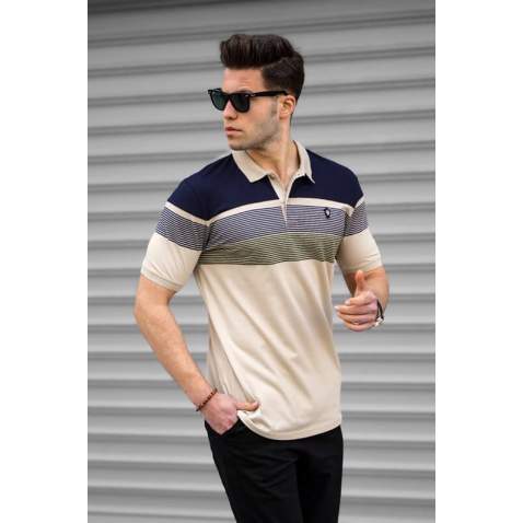 Men Striped Beige Polo T-Shirt - Bej