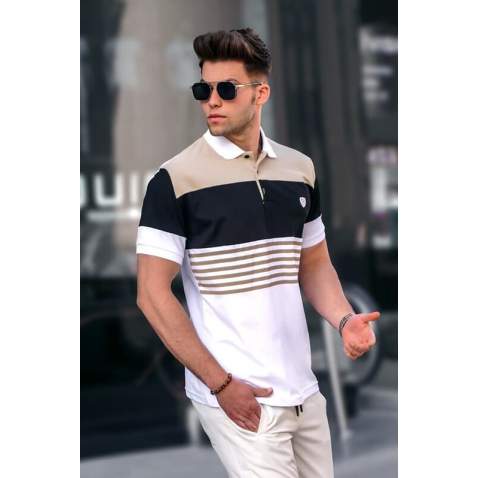 Men Striped White Polo T-Shirt 5685 - Beyaz