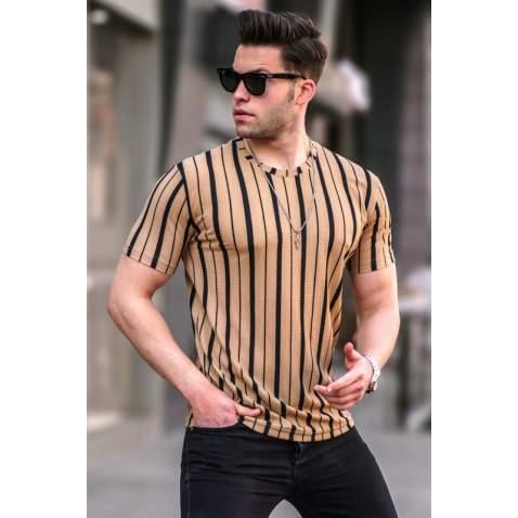 Madmext Men Striped Mink Brown T-shirt 5266 - Vizon