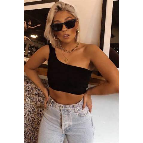 Mad Girls Black One Shoulder Strappy Crop Top MG325 - Siyah