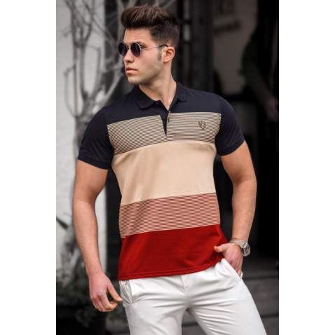 Men Color Block Brick Red Polo T-Shirt 9280 - Koyu mavi