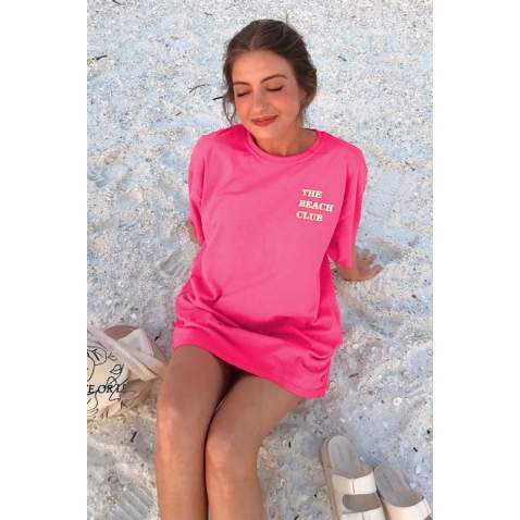 Women Printed Oversize Fuchsia T-Shirt - Pembe