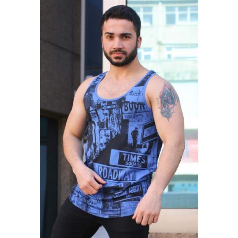 Madmext Blue Printed T-shirt for Men 3088 - Sax mavi