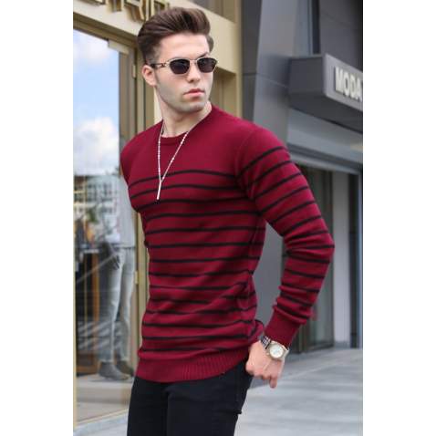 Maroon Striped Knitwear Sweater 5992 - Bordo