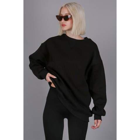 Siyah Kaşkorse Detaylı Bisiklet Yaka Sweatshirt MG1567 - Siyah