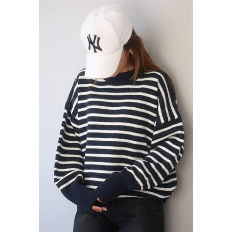 Mad Girls Striped Black Sweater MG1249 - Lacivert