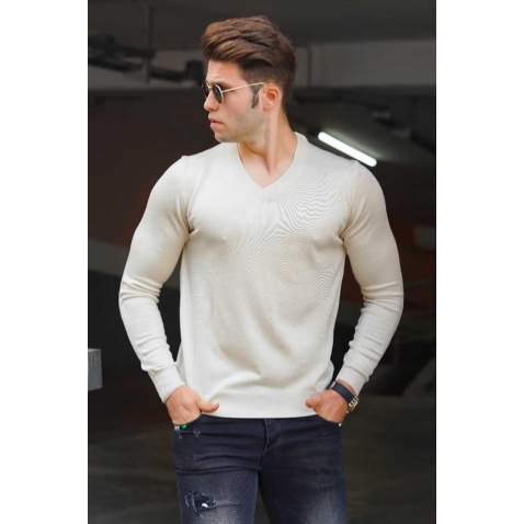 Madmext Ecru V-Neck Basic Men Jumper 9417 - Ekru