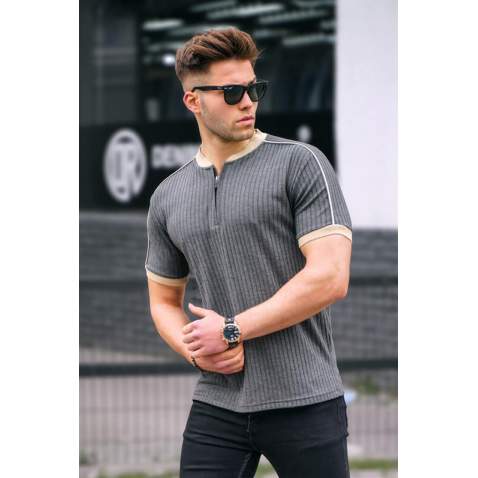 Men Anthracite Zip Neck T-Shirt - Antrasit