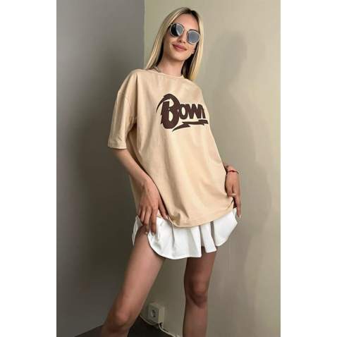 Women Printed Beige Over Fit T-Shirt MG1514 - Bej