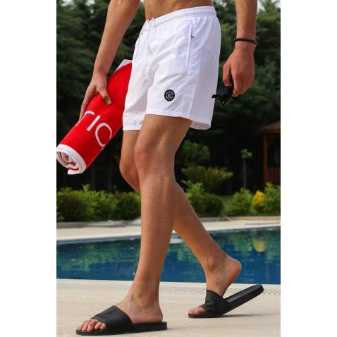 Men Basic White Swim Shorts - Beyaz