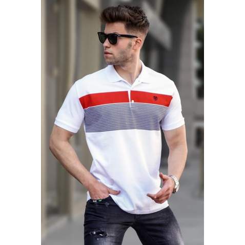 Men Striped White Polo T-Shirt 5864 - Beyaz