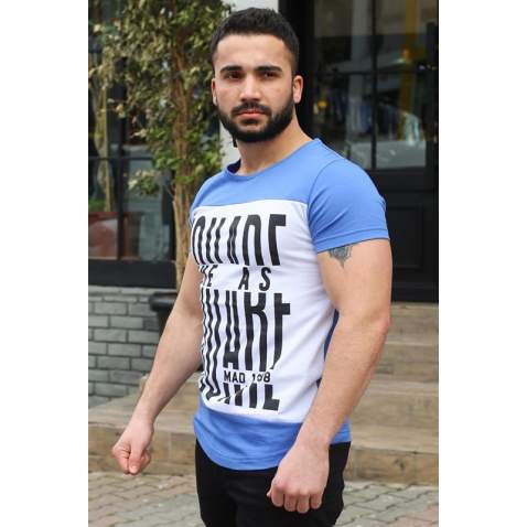 Madmext Blue Printed T-shirt for Men 3001 - Sax mavi