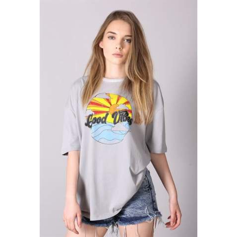 Mad Girls Printed Gray T-shirt Mg1148 - Gri