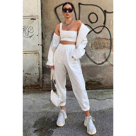 Mad Girls White One Shoulder Strappy Crop Top MG325 - Beyaz