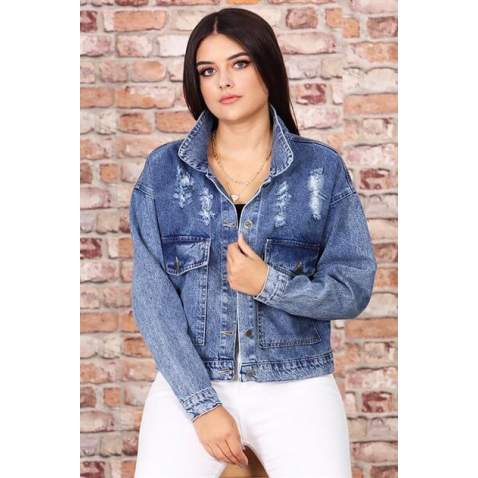 Mad Girls Blue Cropped Denim Jacket MG694 - Mavi