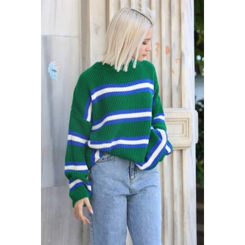 Green Striped Knitted Sweater MG1244 - Yeşil